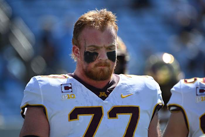 Sep 16, 2023; Chapel Hill, North Carolina, USA; Minnesota Golden Gophers offensive lineman Quinn Carroll (77) on the field before the game at Kenan Memorial Stadium.